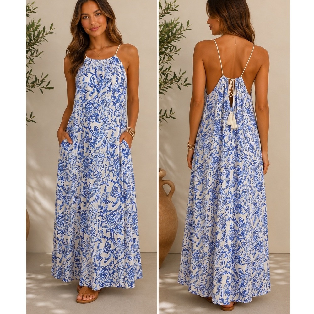 Caroline Constas Long Sun Dress Sz M Blue White Floral Halter Pockets Coastal